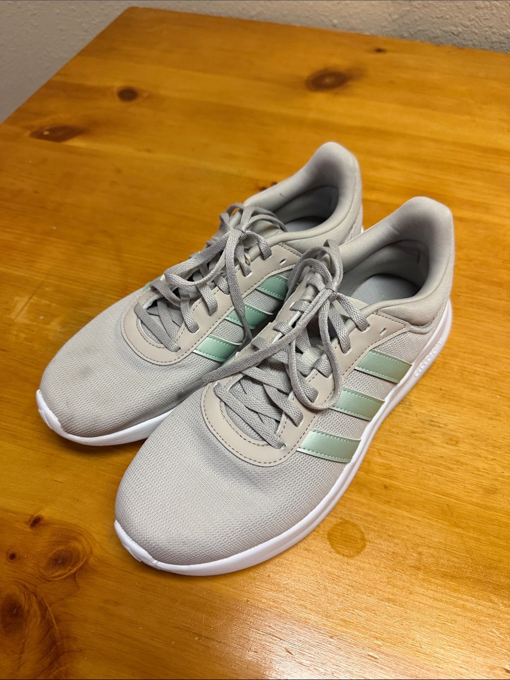 Light Gray Adidas Shoes with Mint Stripes